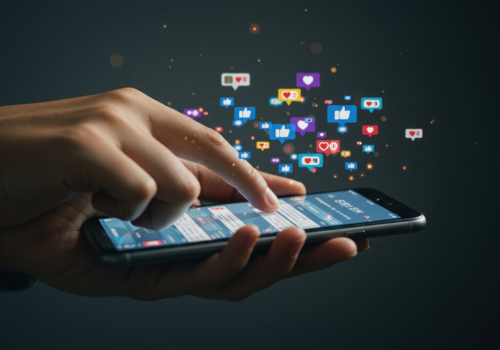 hand holding smartphone with social media notifications