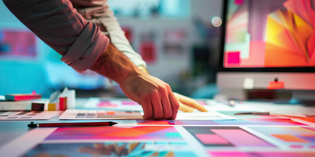 a graphic designer creates a stunning visual presentation, their work showcased on a vibrant digital canvas