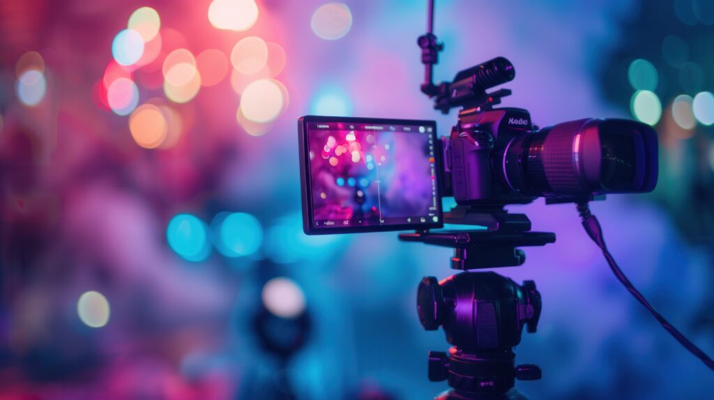 a video camera captures a vibrant live event, with colorful lights illuminating the background. generative ai