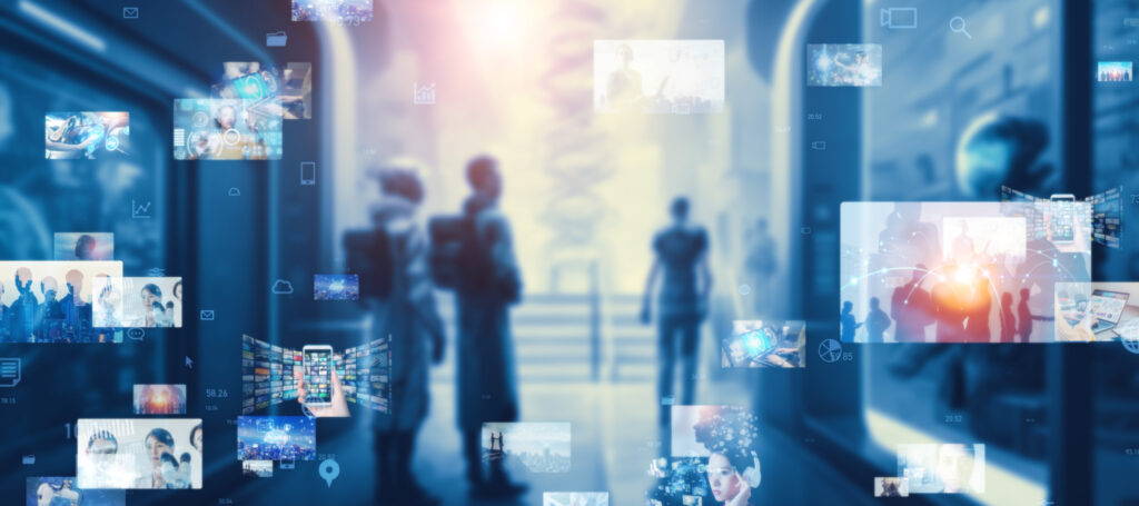 futuristic street and digital contents concept. digital advertisement. wide angle visual for banners or advertisements.